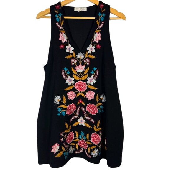 By Together Black Floral Embroidered Mini Shift Dress L Boho Folk Chic Pockets - Picture 1 of 10